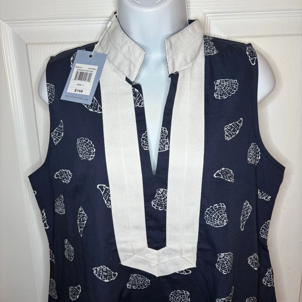 Sail to Sable Seashell Print Signature Mini Caftan Cotton Dress Mini Navy L NWT - Picture 6 of 13